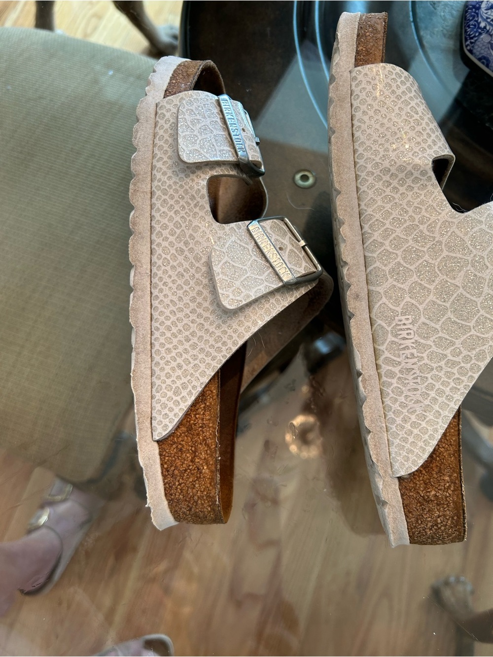 Birkenstock Arizona Two-Strap Sandals in Light Beige Croc-Embossed - Picture 5 of 9